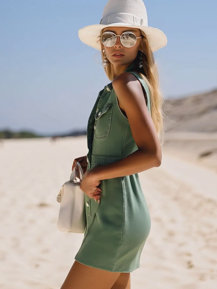 Fashion Vintage Green Denim Sleeveless Shirt Style Spring/Summer Mini Dress