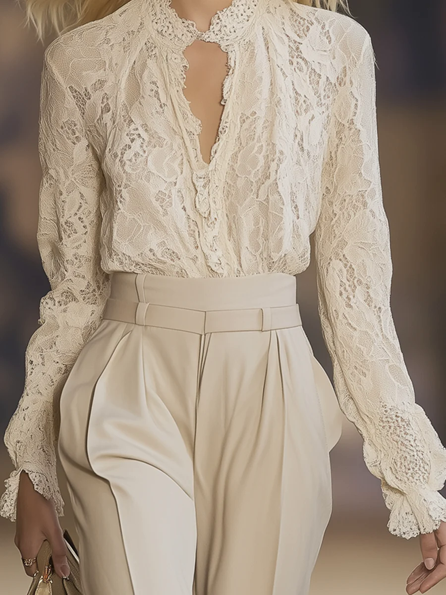 Elegant High-Grade Lace Hollow Long-Sleeved Shirt