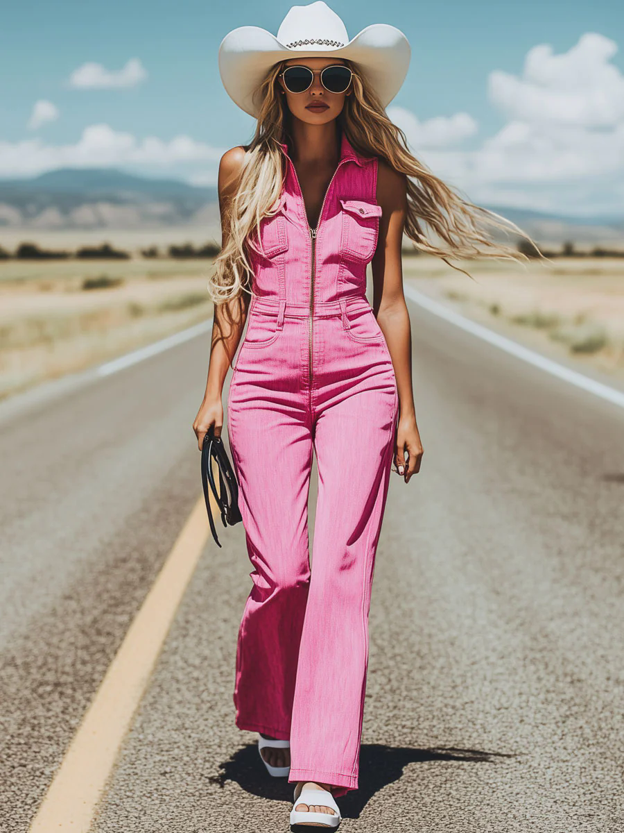Western Retro Pink Denim Multi-Pocket Sleeveless Jumpsuit