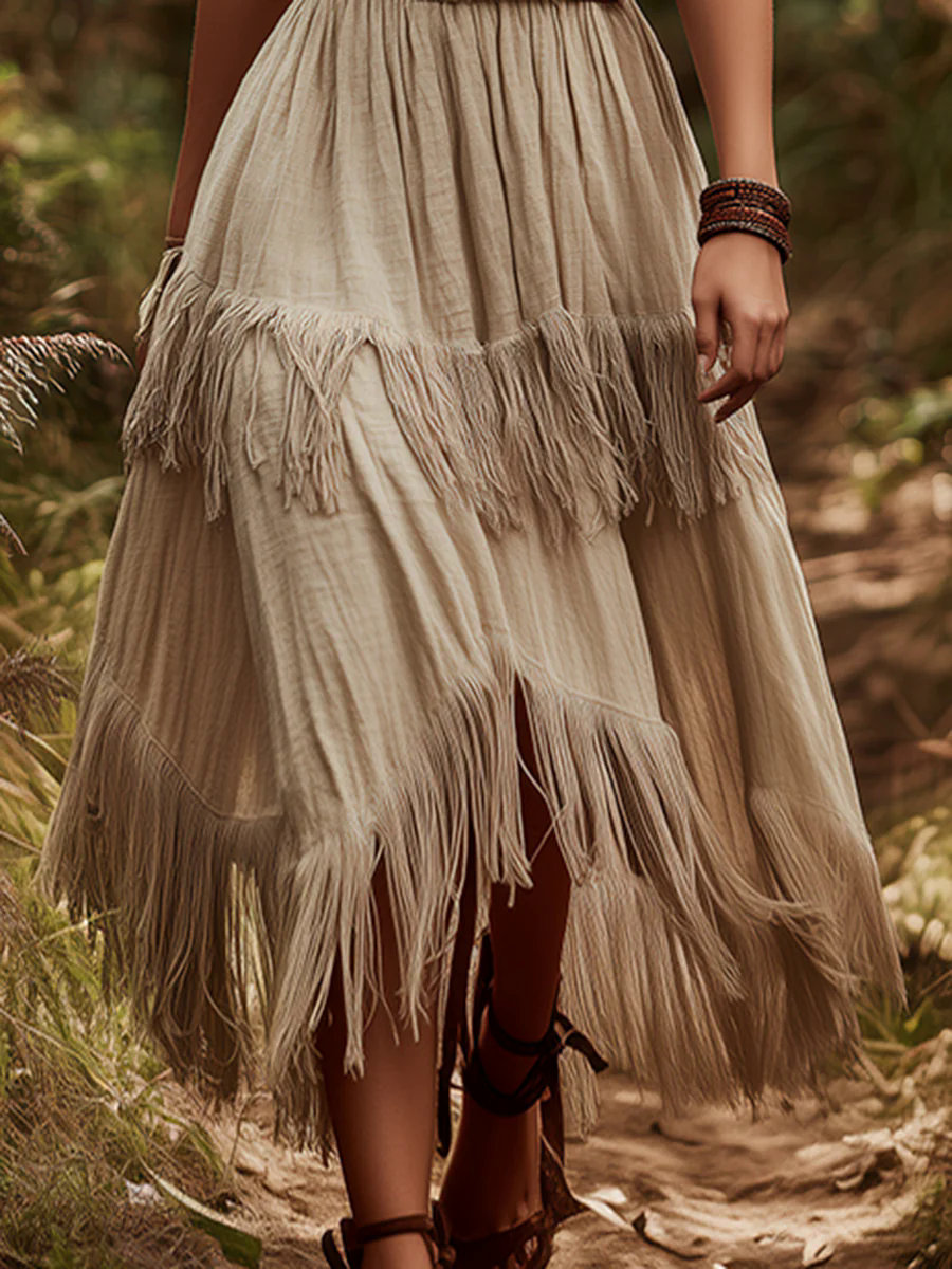 Retro Western Style Tassel Splicing Khaki Cotton And Linen Midi Dress