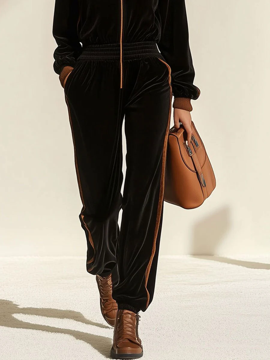 Casual Loose Retro Velvet Colorblock Zipper Hooded Jumpsuit