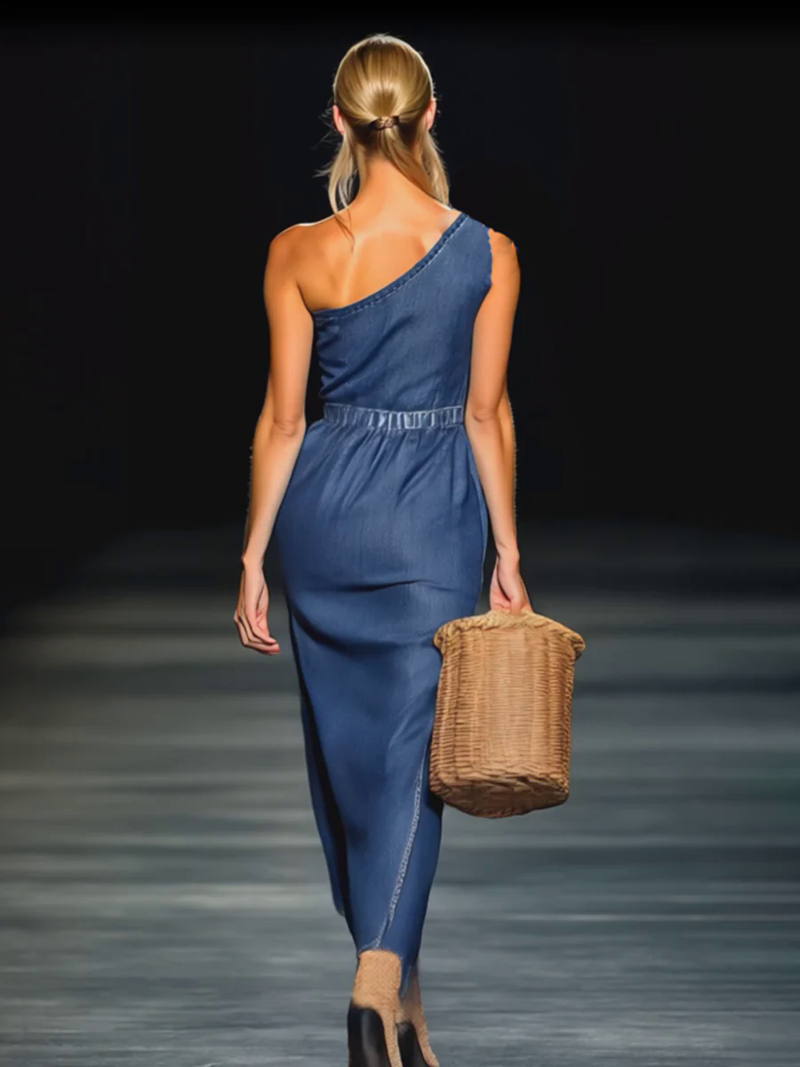 Elegant Strapless Denim 3D Floral Maxi Dress