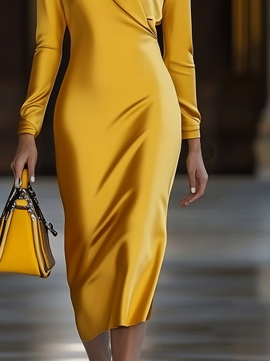 Fashion Vintage Gold Satin Long Sleeve Midi Dress