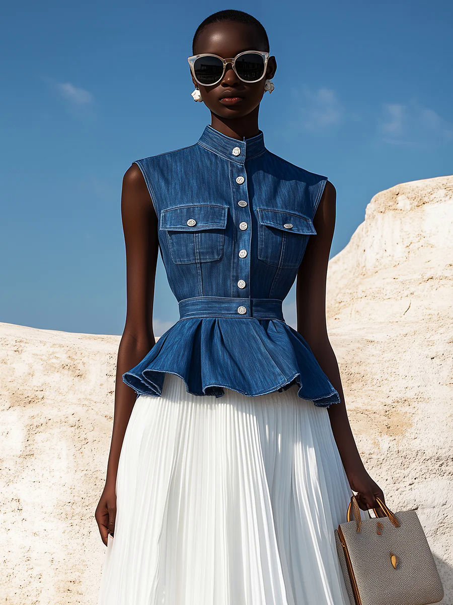 Elegant Half Turtleneck Waist Ruffled Hem Denim Sleeveless Shirt