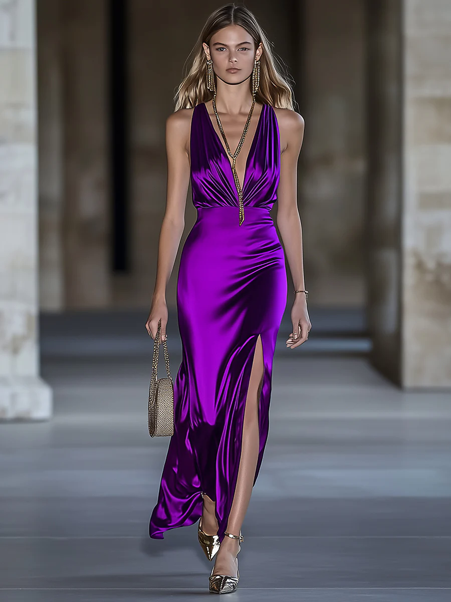 Women's Purple Glossy Satin Textured Pleated Dress