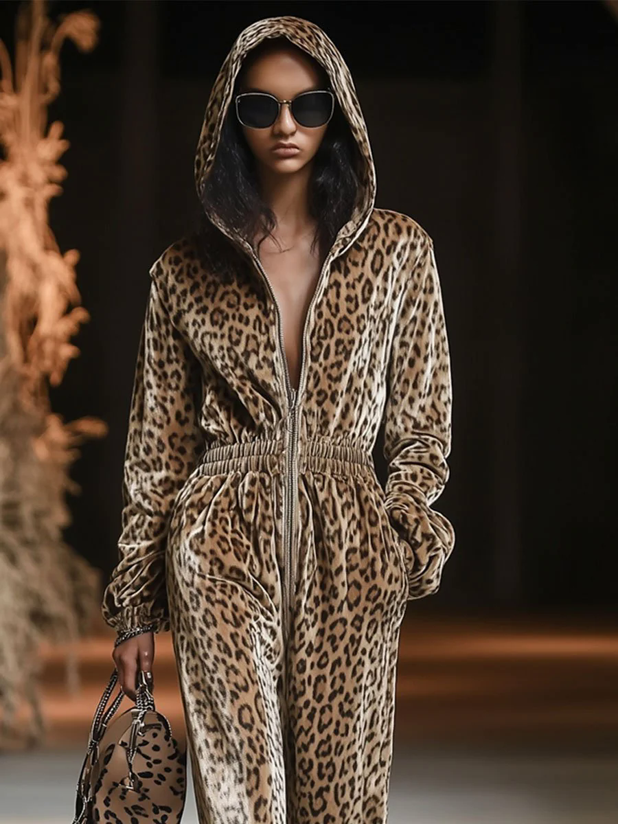 Casual Loose Vintage Velvet Leopard Print Zipper Hooded Jumpsuit